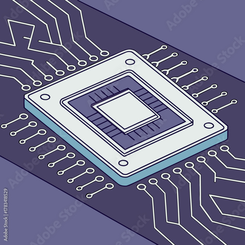 Close up isometric view of a computer chip on a circuit board