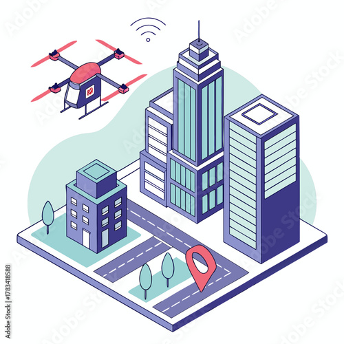 Drone delivering package to city buildings with map pin and wifi signal