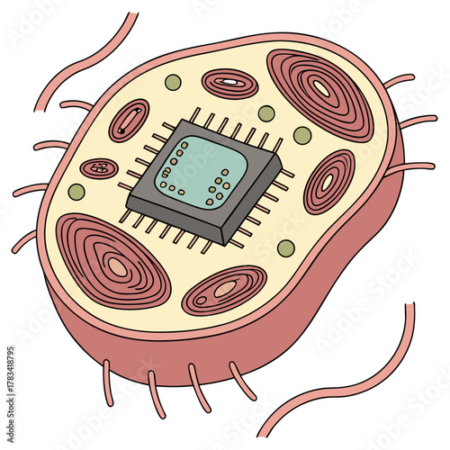 Illustration of a cell with a microchip at its center