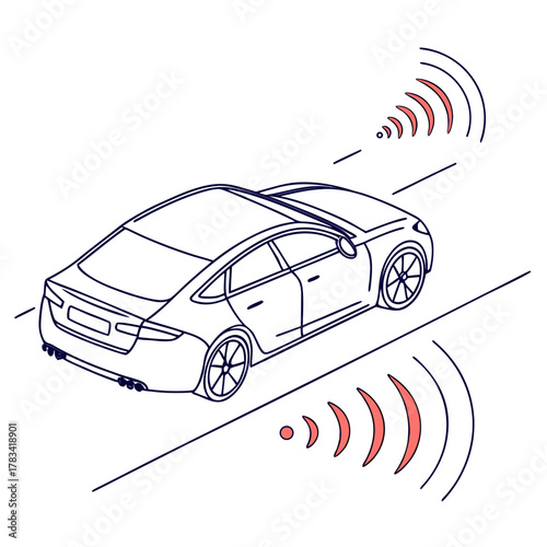 Modern car with radar sensors detecting surroundings on a road