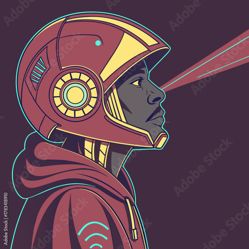 Man in futuristic helmet with laser eyes and hoodie