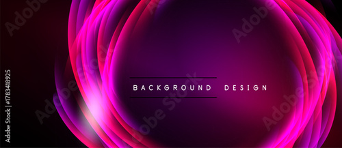 Abstract pink glowing layers create dynamic backdrop. Text reads background design centered within oval shape. Dark shades surround bright center.