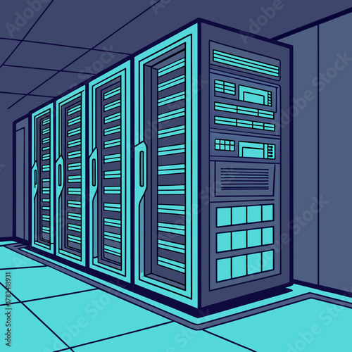 Modern server room with racks of computers and glowing lights