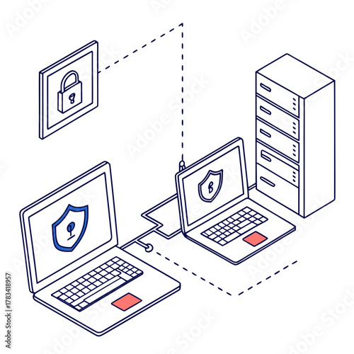 Network security concept with laptops and server protected by locks