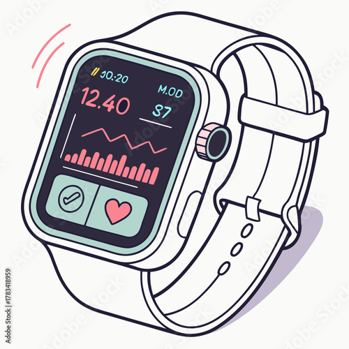 Modern smartwatch displaying health data and notifications with a heart icon