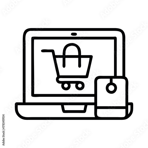 Laptop with shopping cart and mouse icon representing online shopping and e commerce