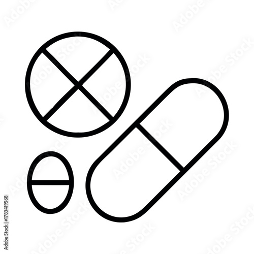 Simple black and white line art iconography of medical pills and capsules for health and pharmacy