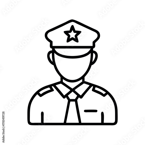 Stylized line art icon of a police officer in uniform with a star on their hat