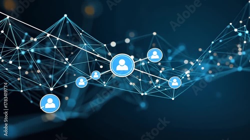 Blue tech network of abstract icons on a dark blue gradient background