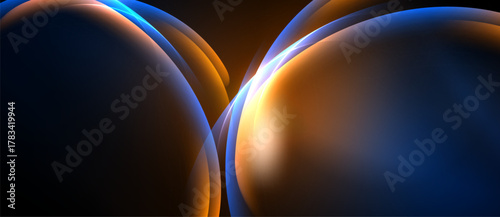 Abstract shapes, glowing orbs, warm cool tones create dynamic visual impact. Smooth gradients suggest light reflection, depth.