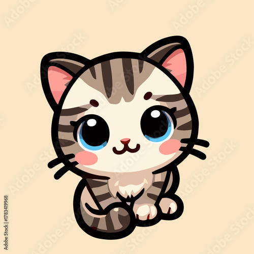 카와이 고양이 마스코트 로고 – 귀여운 스티커 스타일 벡터 EPS10, 사랑스러운 치비 키티 엠블럼 흰색 배경, 장난기 가득 고양이 브랜드 아이콘