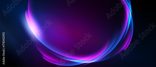 Abstract flowing shapes, vibrant purple, blue hues. Soft glow, dynamic composition, modern design. Dark background enhances luminosity.