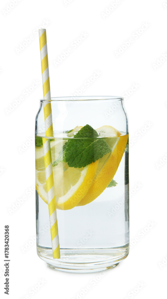 Fototapeta premium Refreshing water with lemon and mint in glass isolated on white