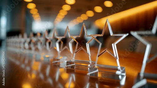 Transparent star trophies arranged on wooden table with warm bokeh lighting, elegant award ceremony scene celebrating excellence and success
