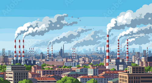 Industrial cityscape with multiple factory smokestacks emitting large plumes of white smoke into the sky.