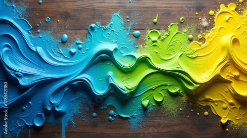 Blue green yellow paint splashes flowing across wooden surface image