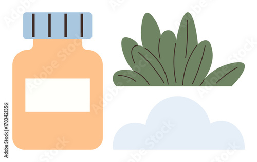 Medicine bottle next to green leaves and abstract cloud, representing natural health. Ideal for wellness, herbal medicine, holistic healing, sustainability, organic products, nature, and detox