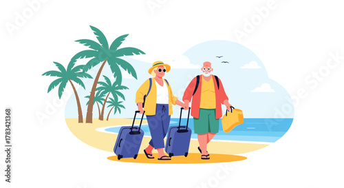 Elderly couple with suitcases walking on a tropical beach with palm trees and the ocean.