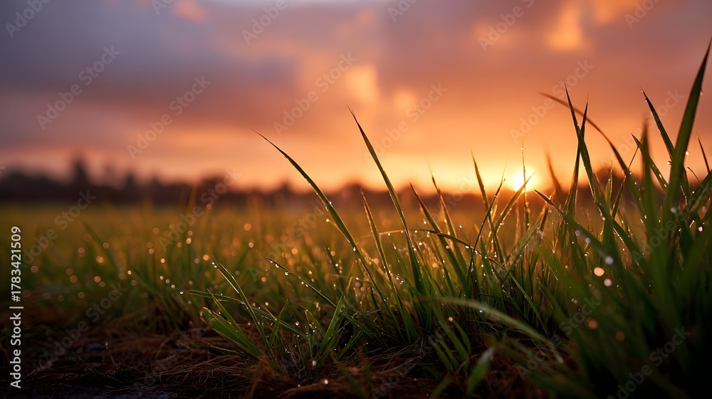 Fototapeta premium Close up of dewy grass blades illuminated by the warm golden light of a sunrise with soft clouds in the sky