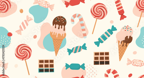 A seamless pattern of various colorful candies, ice cream cones, and chocolate bars on a cream background.