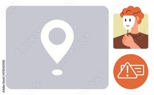 Man holding a mask, location pointer, and circular warning alert. Ideal for privacy, safety, geography, identity, anonymity caution and navigation themes. A simple flat metaphor