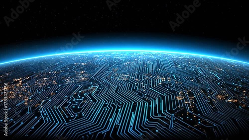 Futuristic planet rendering featuring circuit-board patterns and starlit sky