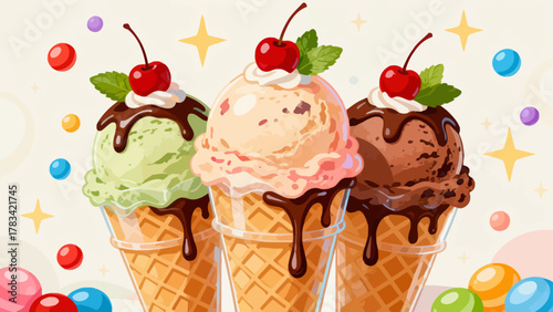 Ice cream desserts, ice cream cones, cartoon hand-drawn vector illustrations