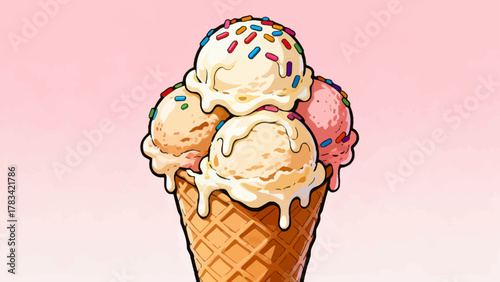 Ice cream desserts, ice cream cones, cartoon hand-drawn vector illustrations