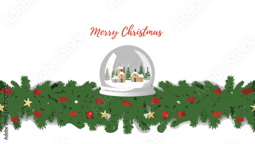 Whimsical merry christmas greeting with a snow globe village nestled in festive evergreen garland adorned with ornaments and stars