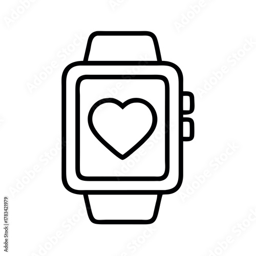 Simple line art icon of a smartwatch displaying a heart symbol for health tracking