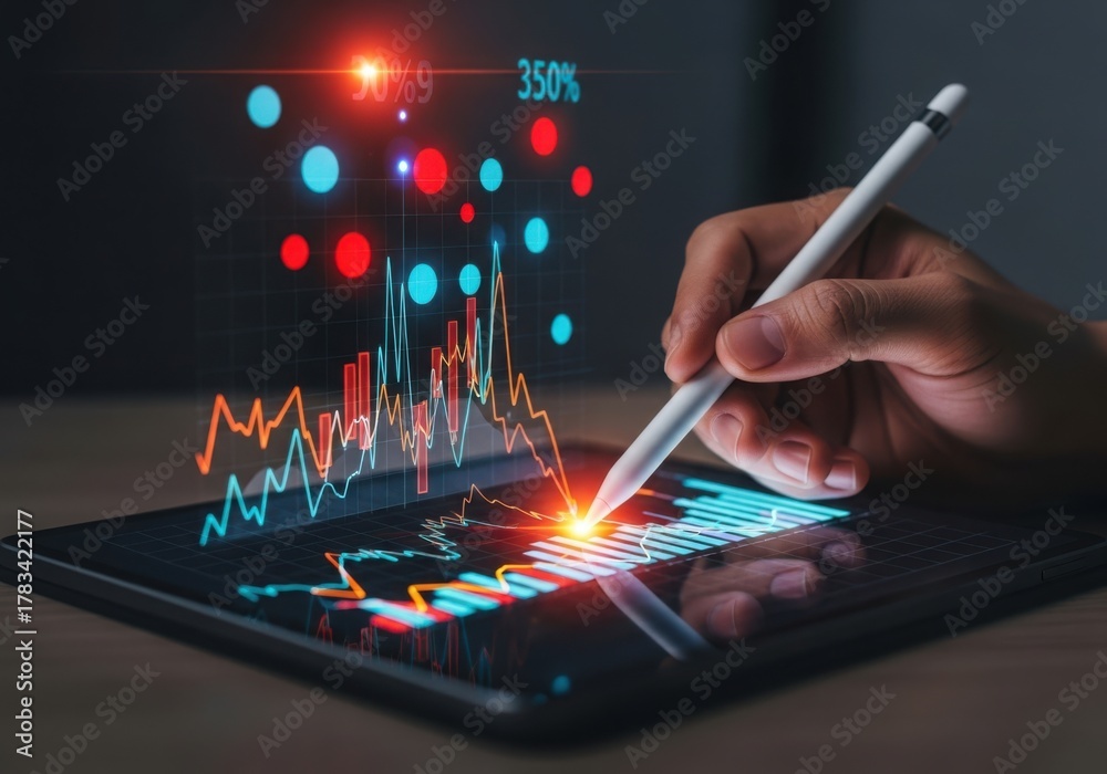 Fototapeta premium Digital trading analysis with stylus on tablet