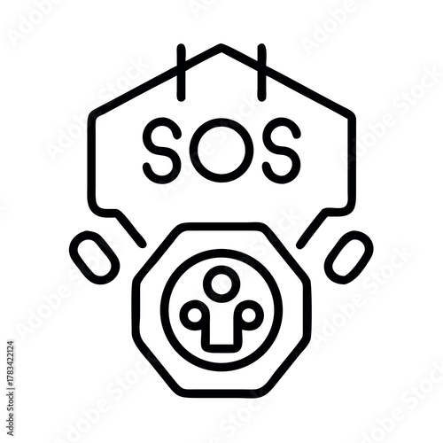 Abstract line art icon depicting an sos signal within a gas mask symbol