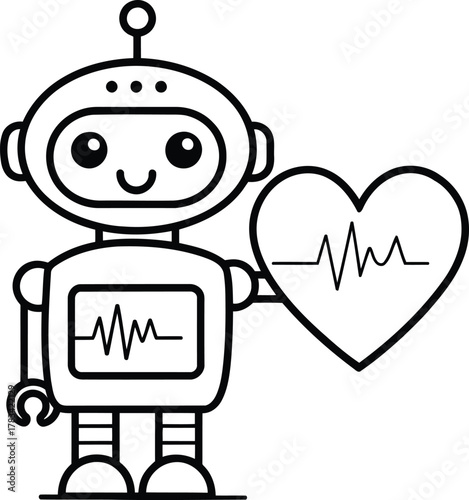 Cartoon robot holding a heart with a heartbeat line in black and white line art illustration style