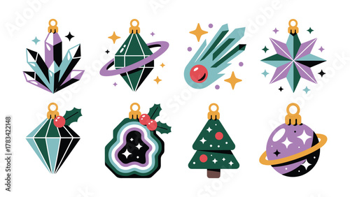 Festive Ornament Collection: A dazzling array of uniquely designed festive ornaments, capturing the essence of holiday cheer with vibrant colors, intricate details and modern motifs.