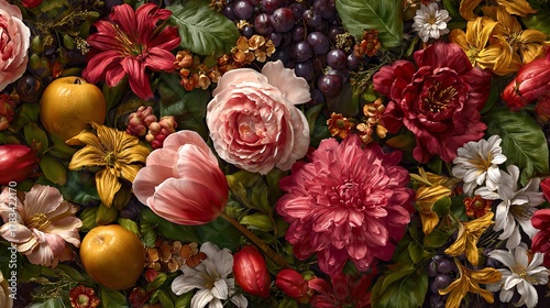 Lush and Vibrant Floral Arrangement Featuring Roses, Tulips, Apples, and Grapes Displaying Nature's Abundance