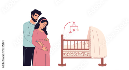 A pregnant couple lovingly embracing by a wooden crib adorned with a mobile, symbolizing anticipation for their new arrival.