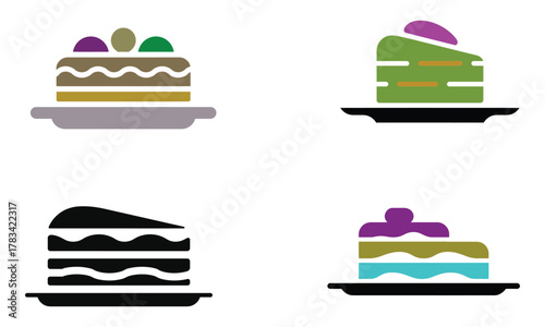 Colorful cake slice icon set with cream and fruit decoration on white background  

