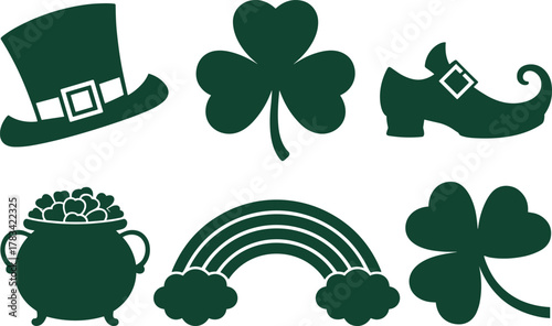 A St Patricks Day Bundle Design Featuring Leprechaun Hat Shamrock Pot of Gold Rainbow and Shoe in a Festive Collection of Irish Themed Graphics for Celebrations