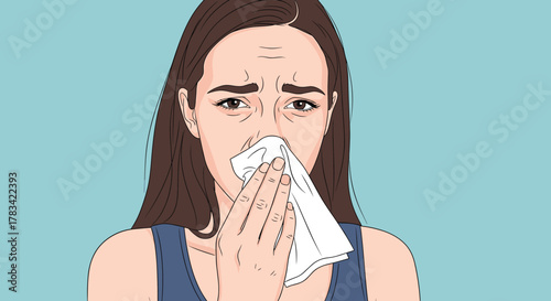 Young woman with brown hair blowing her nose with a white tissue, looking distressed.