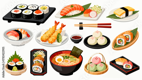 apanese cuisine, sushi, eel rice, ramen, seaweed rice, fried shrimp, kebabs, salmon, caviar, etc., with cartoon hand-drawn vector illustrations