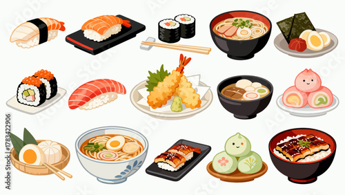 apanese cuisine, sushi, eel rice, ramen, seaweed rice, fried shrimp, kebabs, salmon, caviar, etc., with cartoon hand-drawn vector illustrations