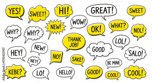 Collection of yellow and white speech bubbles with various positive and questioning words and phrases on a white background