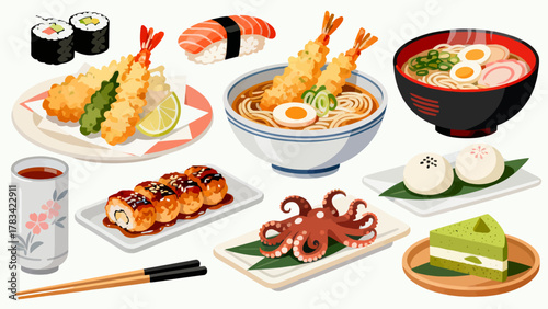 apanese cuisine, sushi, eel rice, ramen, seaweed rice, fried shrimp, kebabs, salmon, caviar, etc., with cartoon hand-drawn vector illustrations