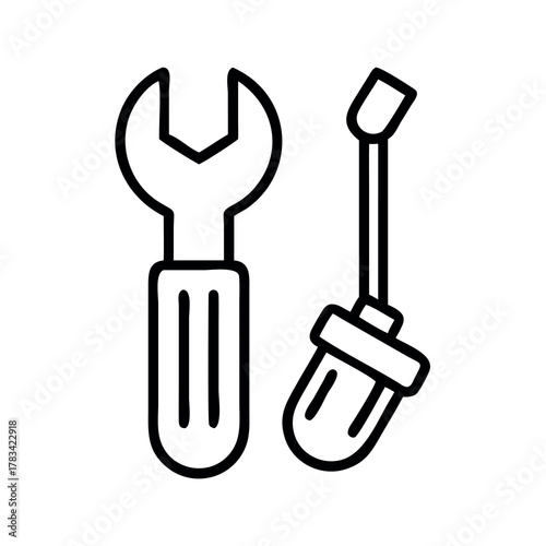 Simple line art illustration of a wrench and screwdriver tools for repair and maintenance