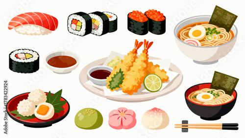 apanese cuisine, sushi, eel rice, ramen, seaweed rice, fried shrimp, kebabs, salmon, caviar, etc., with cartoon hand-drawn vector illustrations