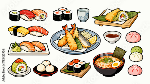 apanese cuisine, sushi, eel rice, ramen, seaweed rice, fried shrimp, kebabs, salmon, caviar, etc., with cartoon hand-drawn vector illustrations