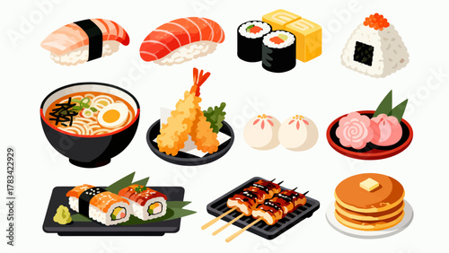 apanese cuisine, sushi, eel rice, ramen, seaweed rice, fried shrimp, kebabs, salmon, caviar, etc., with cartoon hand-drawn vector illustrations