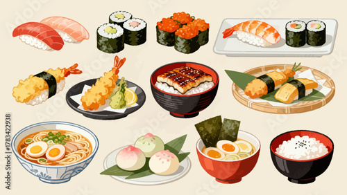 apanese cuisine, sushi, eel rice, ramen, seaweed rice, fried shrimp, kebabs, salmon, caviar, etc., with cartoon hand-drawn vector illustrations