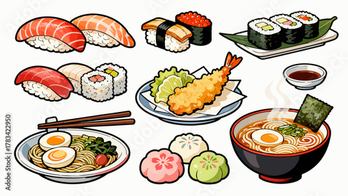 apanese cuisine, sushi, eel rice, ramen, seaweed rice, fried shrimp, kebabs, salmon, caviar, etc., with cartoon hand-drawn vector illustrations