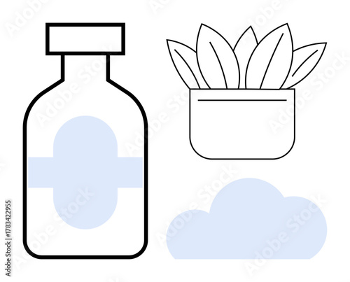 Medicine bottle, potted plant with bold leaves, and cloud represent wellness, sustainability, nature, eco-friendliness, health, minimal design and natural remedies. Ideal for holistic green living